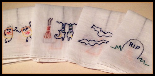 4 Hand Embroidered Halloween Tea Towels