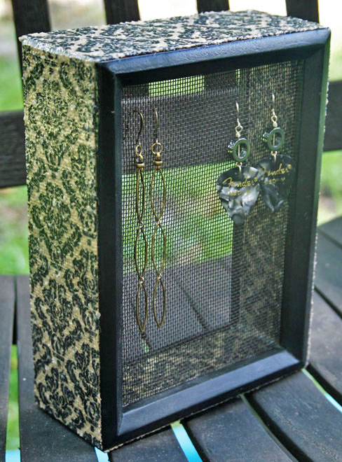 Front of Reclaimed Burlap Shadowbox Earring organizer