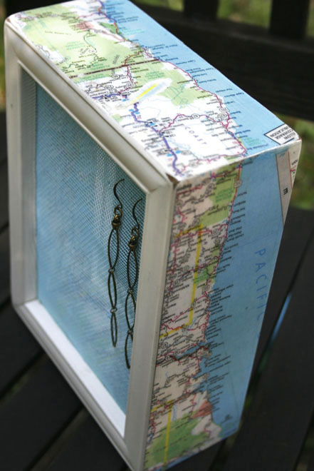Top of reclaimed west coast map shadow box earring organizer