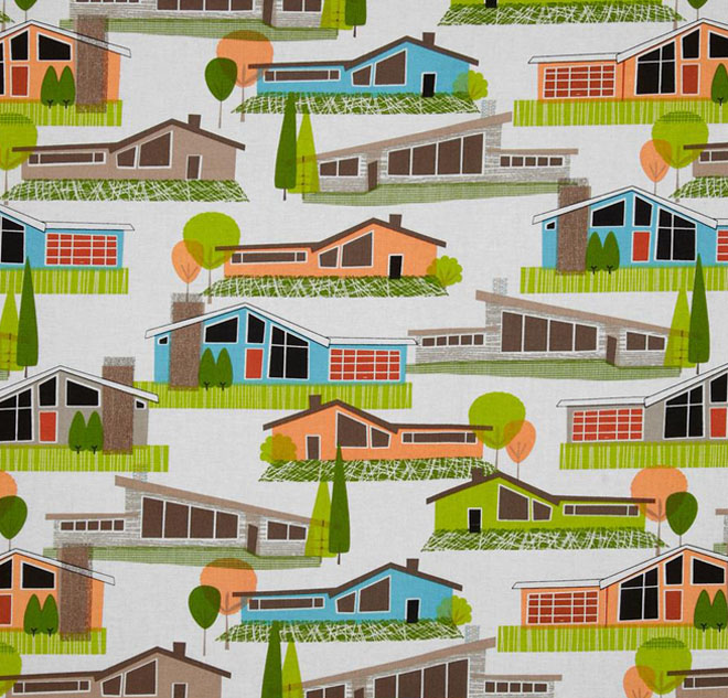 close up of cotton fabric with retro house print