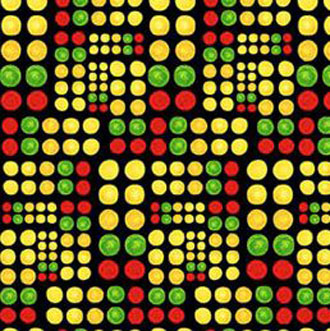 close up of cotton print featuring red, yellow, and green speedway dots