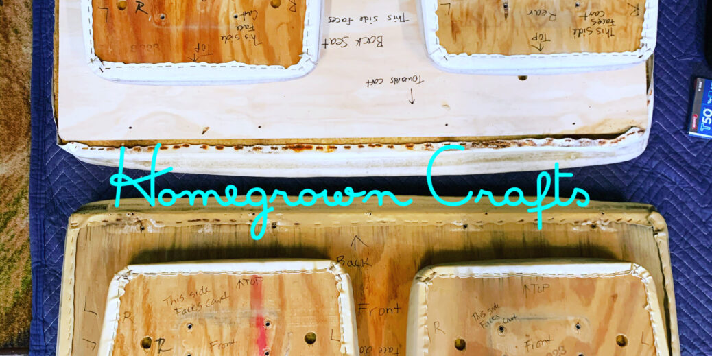 Picture of cushions being reupholstered with company name across the image